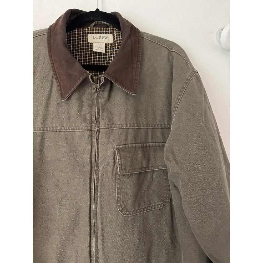 J. CREW Canvas Utility Chore Barn Coat Mens Large Olive Green Leather Collar